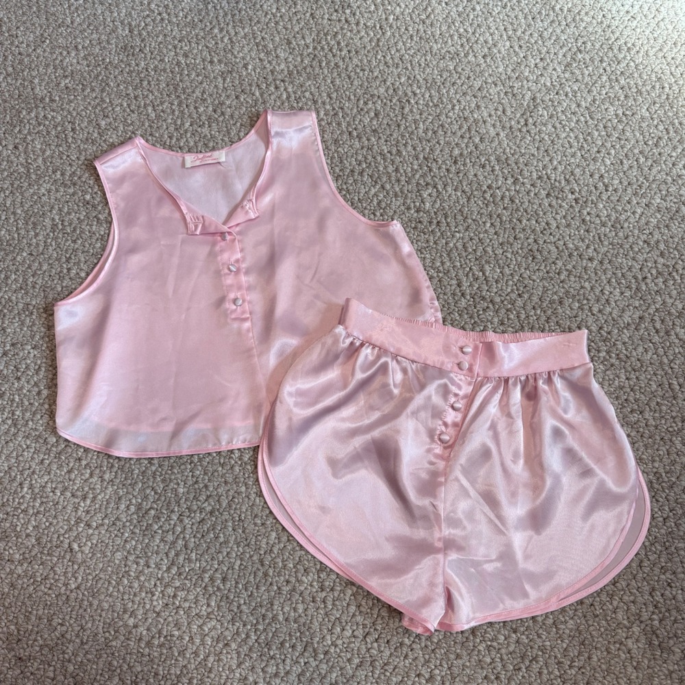 Intime of California Pink Satin Pajama Set Vintage‎ Sleeveless Top Size Small